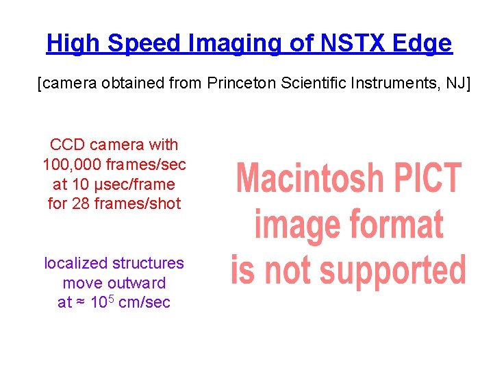 High Speed Imaging of NSTX Edge [camera obtained from Princeton Scientific Instruments, NJ] CCD