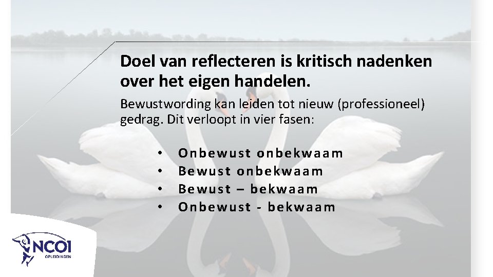 Doel van reflecteren is kritisch nadenken over het eigen handelen. Bewustwording kan leiden tot Doel van reflecteren is kritisch nadenken over het eigen handelen. Bewustwording kan leiden tot