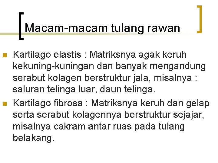 Macam-macam tulang rawan n n Kartilago elastis : Matriksnya agak keruh kekuning-kuningan dan banyak