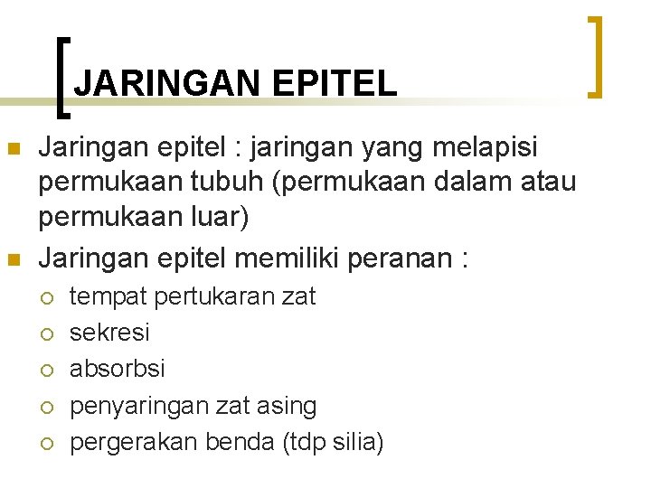 JARINGAN EPITEL n n Jaringan epitel : jaringan yang melapisi permukaan tubuh (permukaan dalam