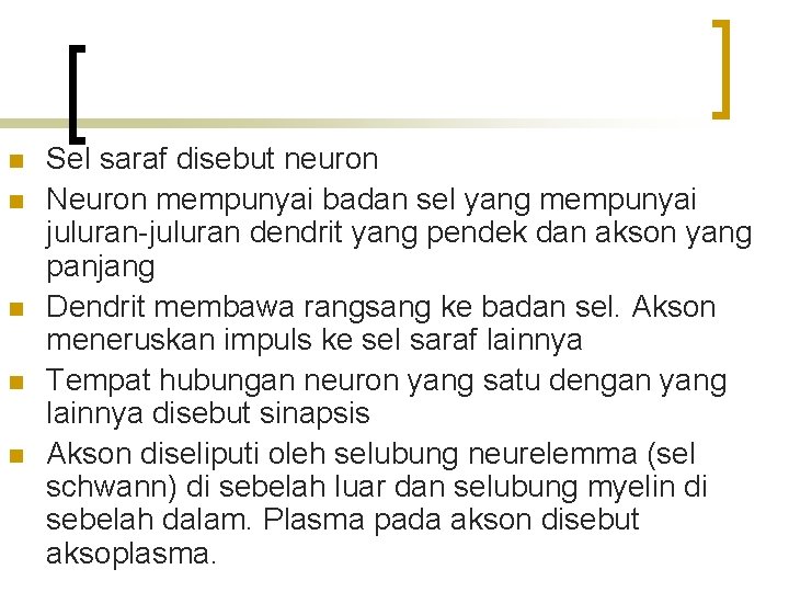 n n n Sel saraf disebut neuron Neuron mempunyai badan sel yang mempunyai juluran-juluran