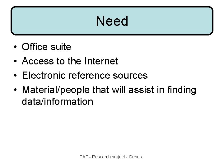 Need • • Office suite Access to the Internet Electronic reference sources Material/people that Need • • Office suite Access to the Internet Electronic reference sources Material/people that