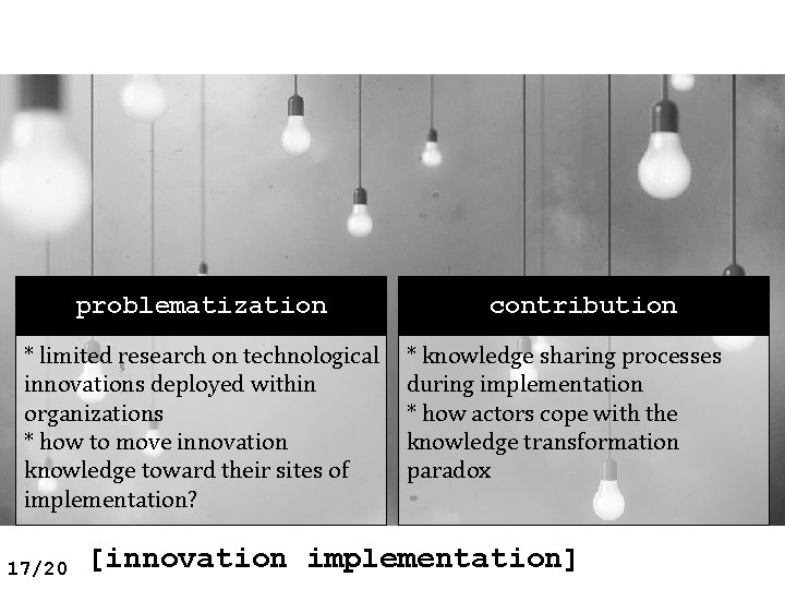 problematization * limited research on technological innovations deployed within organizations * how to move