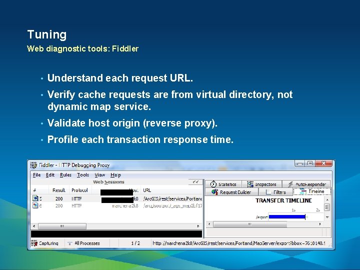 Tuning Web diagnostic tools: Fiddler • Understand each request URL. • Verify cache requests