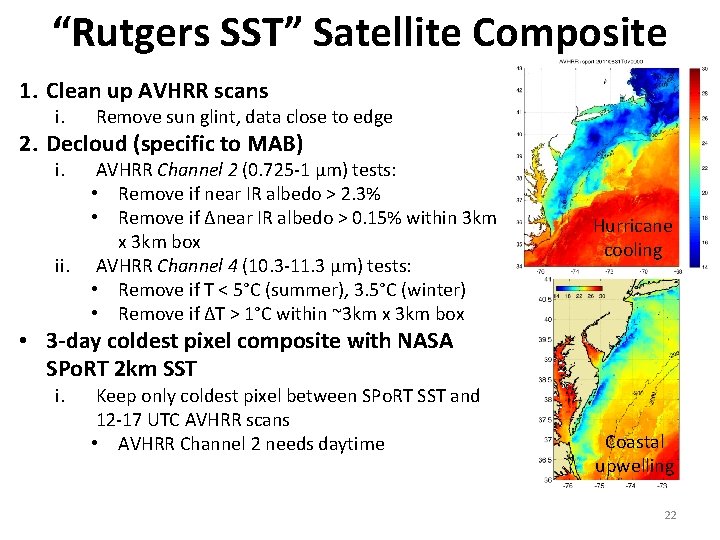 “Rutgers SST” Satellite Composite 1. Clean up AVHRR scans i. Remove sun glint, data