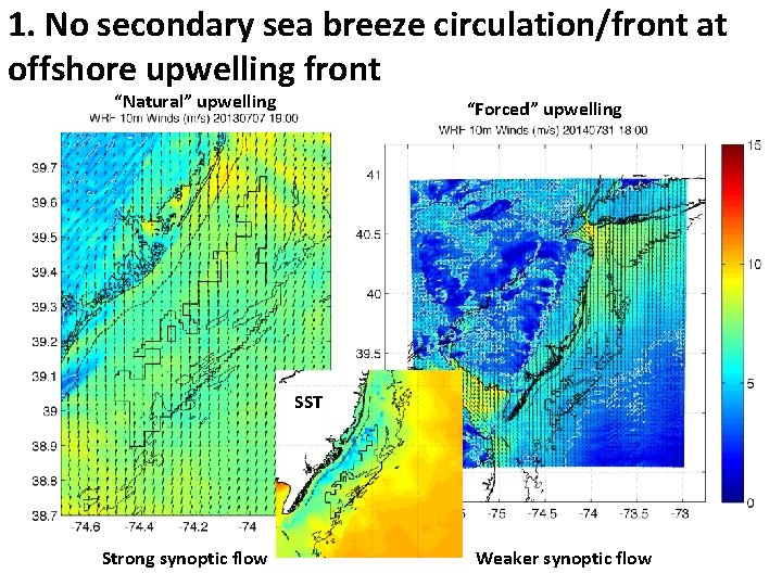 1. No secondary sea breeze circulation/front at offshore upwelling front “Natural” upwelling “Forced” upwelling