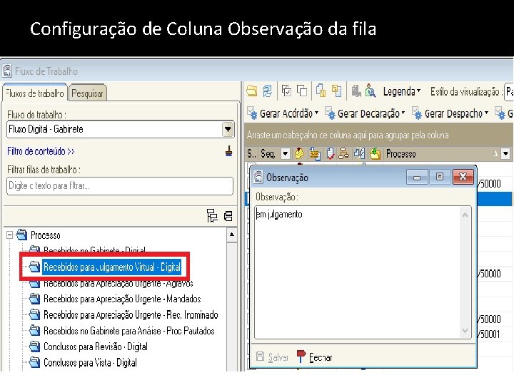 Configuração de Coluna Observação da fila 