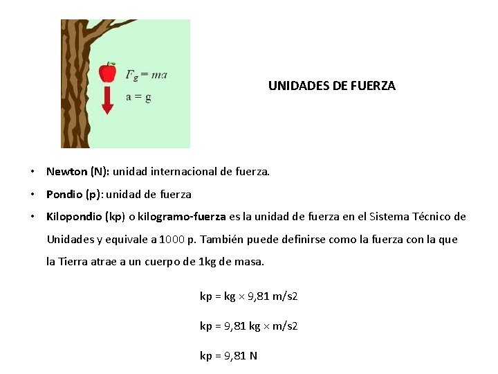 UNIDADES DE FUERZA • Newton (N): unidad internacional de fuerza. • Pondio (p): unidad