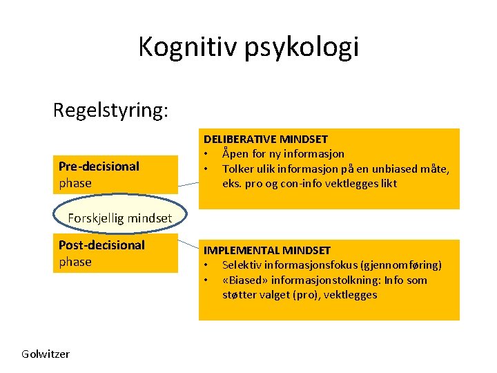 Kognitiv psykologi Regelstyring: Pre-decisional phase DELIBERATIVE MINDSET • Åpen for ny informasjon • Tolker