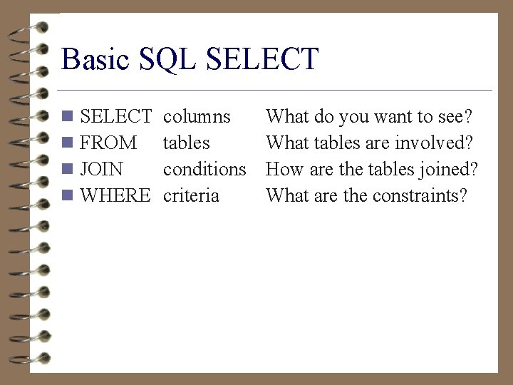 Basic SQL SELECT n n SELECT FROM JOIN WHERE columns tables conditions criteria What