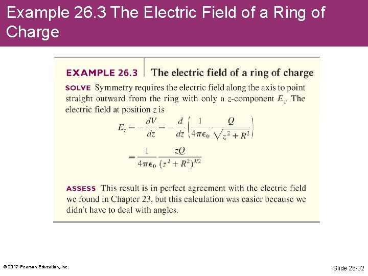 Example 26. 3 The Electric Field of a Ring of Charge © 2017 Pearson