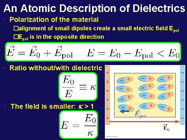 An Atomic Description of Dielectrics ∙ Polarization of the material �alignment of small dipoles