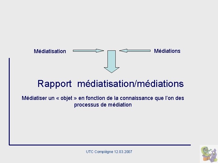 Médiations Médiatisation Rapport médiatisation/médiations Médiatiser un « objet » en fonction de la connaissance