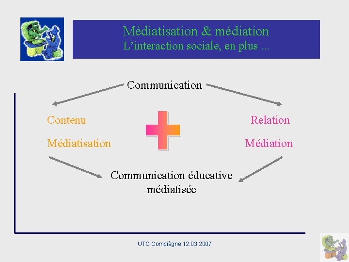 Médiatisation & médiation L’interaction sociale, en plus. . . Communication Contenu Relation Médiatisation Médiation