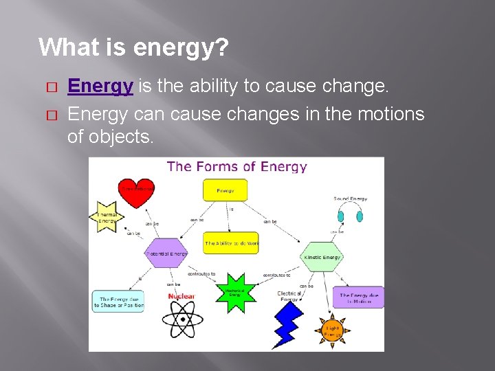 What is energy? � � Energy is the ability to cause change. Energy can