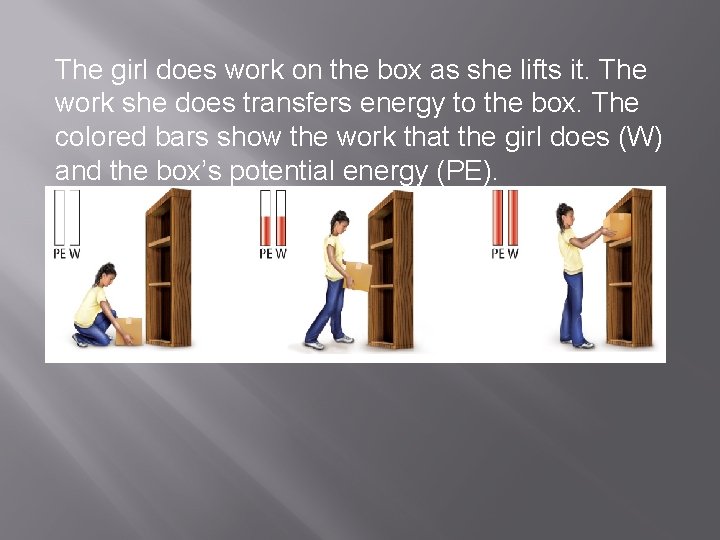 The girl does work on the box as she lifts it. The work she