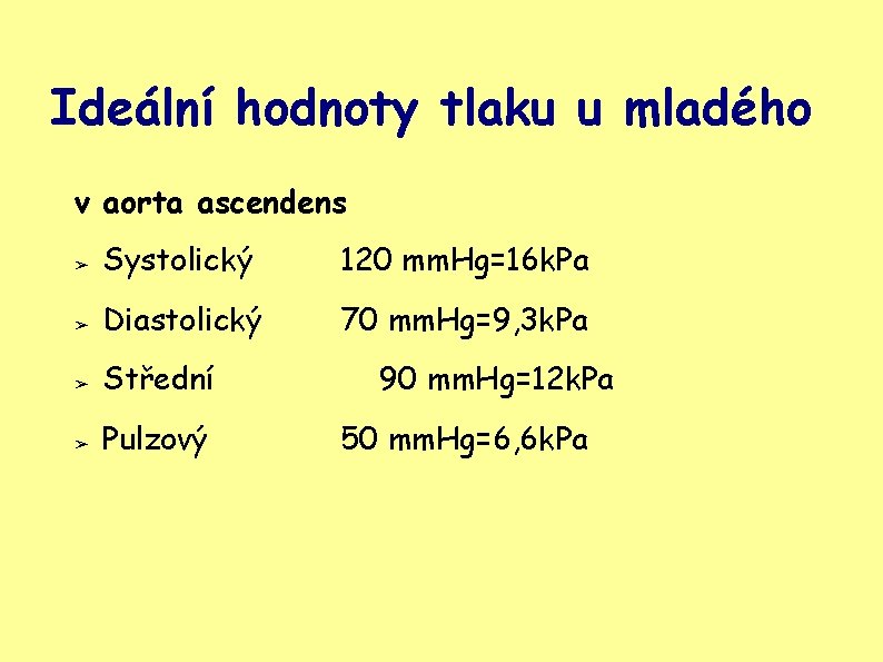 Ideální hodnoty tlaku u mladého v aorta ascendens ➢ Systolický 120 mm. Hg=16 k.