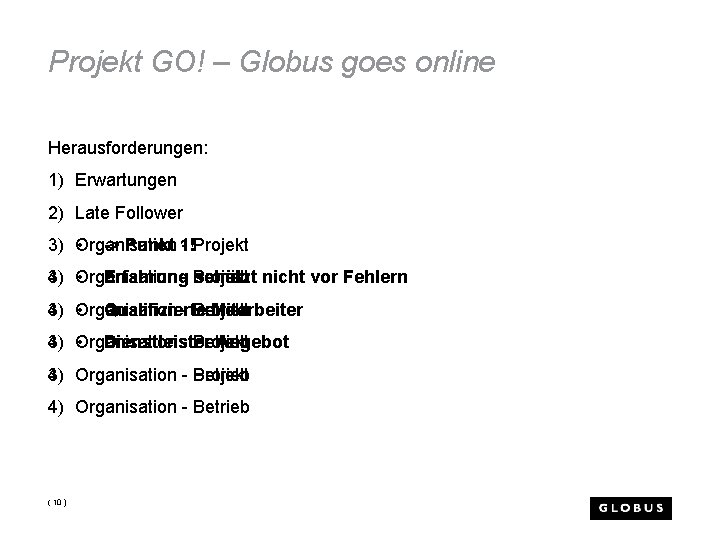 Projekt GO! – Globus goes online Herausforderungen: 1) Erwartungen 2) Late Follower 3) Organisation