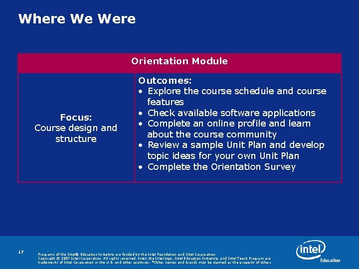 Where We Were Orientation Module Focus: Course design and structure 17 Outcomes: • Explore