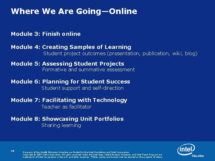 Where We Are Going—Online Module 3: Finish online Module 4: Creating Samples of Learning