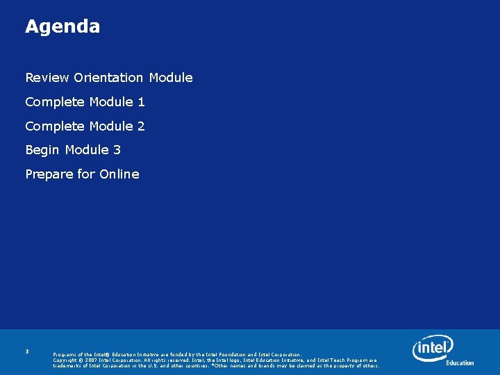 Agenda Review Orientation Module Complete Module 1 Complete Module 2 Begin Module 3 Prepare