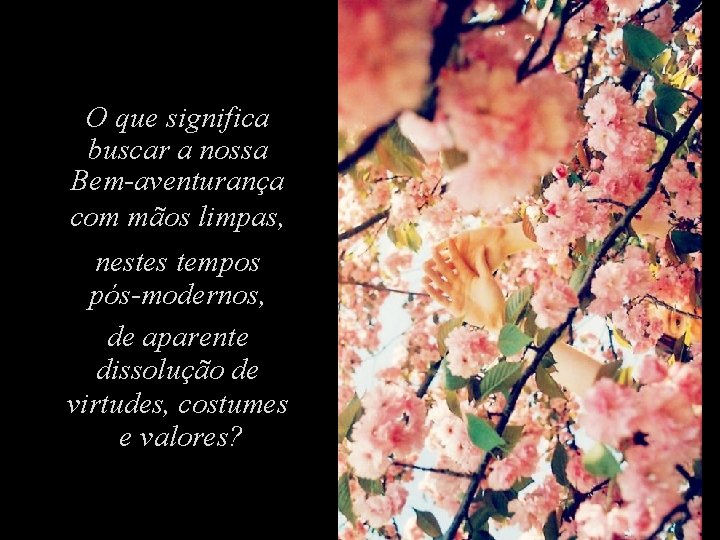 O que significa buscar a nossa Bem-aventurança com mãos limpas, nestes tempos pós-modernos, de O que significa buscar a nossa Bem-aventurança com mãos limpas, nestes tempos pós-modernos, de