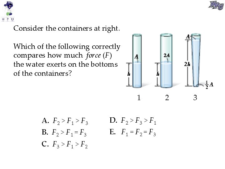 Consider the containers at right. Which of the following correctly compares how much force