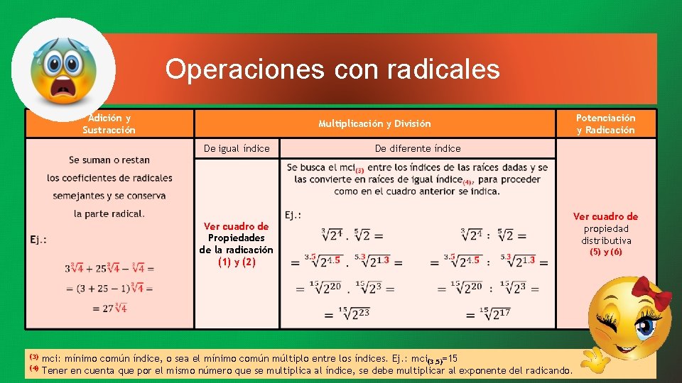 Operaciones con radicales Adición y Sustracción De igual índice Ver cuadro de Propiedades de Operaciones con radicales Adición y Sustracción De igual índice Ver cuadro de Propiedades de