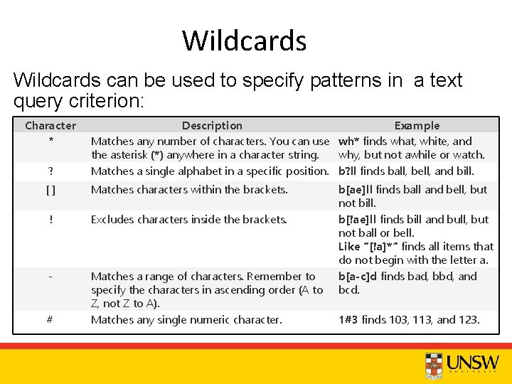 Wildcards can be used to specify patterns in a text query criterion: Character *
