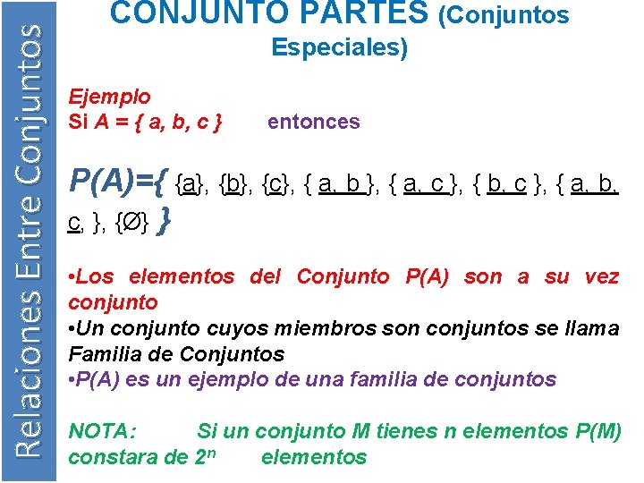 Relaciones Entre Conjuntos CONJUNTO PARTES (Conjuntos Especiales) Ejemplo Si A = { a, b,