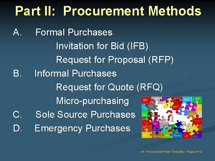 Part II: Procurement Methods A. B. C. D. Formal Purchases Invitation for Bid (IFB)