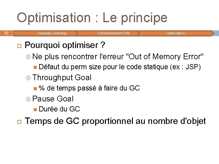 Optimisation : Le principe 12 Garbage Collecting Optimisation Pourquoi optimiser ? Ne plus rencontrer