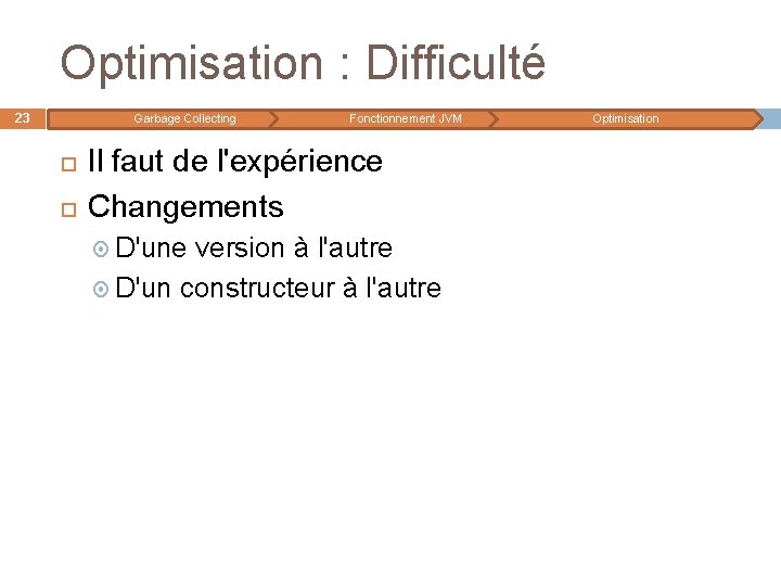 Optimisation : Difficulté 23 Garbage Collecting Fonctionnement JVM Il faut de l'expérience Changements D'une