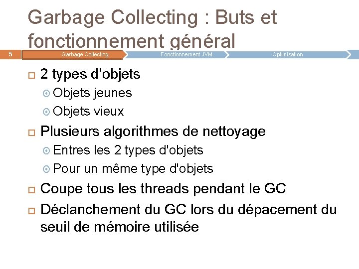 5 Garbage Collecting : Buts et fonctionnement général Garbage Collecting Fonctionnement JVM Optimisation 2