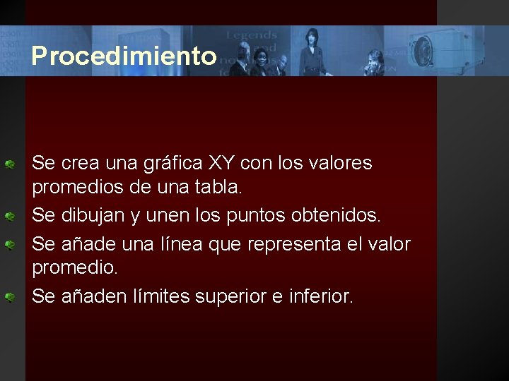 Procedimiento Se crea una gráfica XY con los valores promedios de una tabla. Se