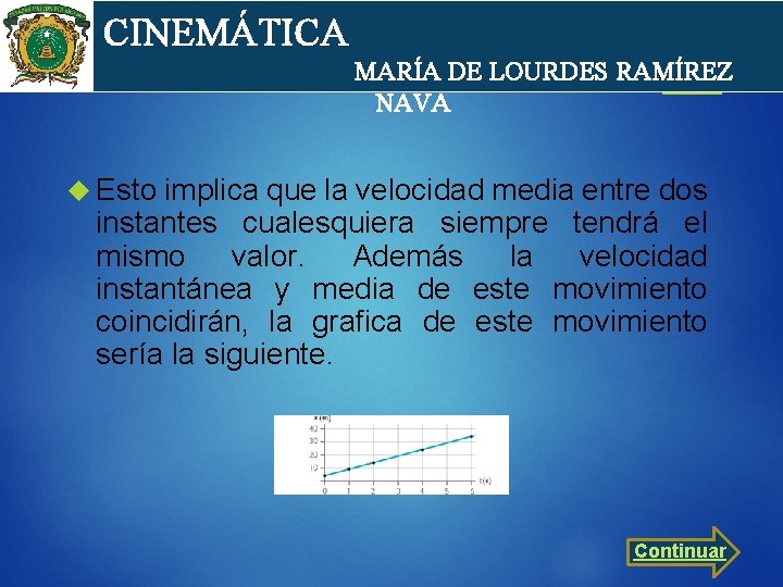 cin CINEMÁTICA MARÍA DE LOURDES RAMÍREZ NAVA Esto implica que la velocidad media entre