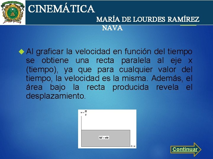cin CINEMÁTICA MARÍA DE LOURDES RAMÍREZ NAVA Al graficar la velocidad en función del