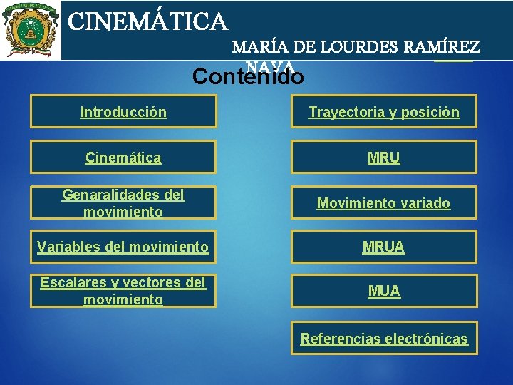 cin CINEMÁTICA MARÍA DE LOURDES RAMÍREZ NAVA Contenido Introducción Trayectoria y posición Cinemática MRU