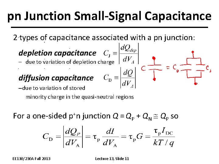 pn Junction Small-Signal Capacitance 2 types of capacitance associated with a pn junction: depletion