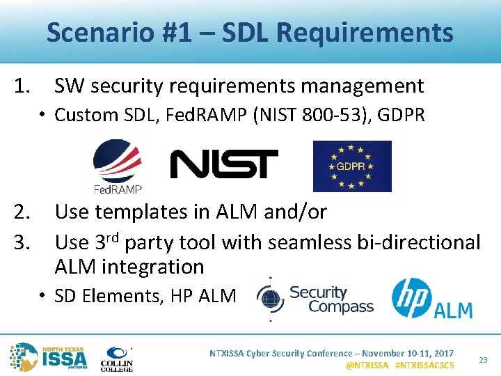 Scenario #1 – SDL Requirements 1. SW security requirements management • Custom SDL, Fed.