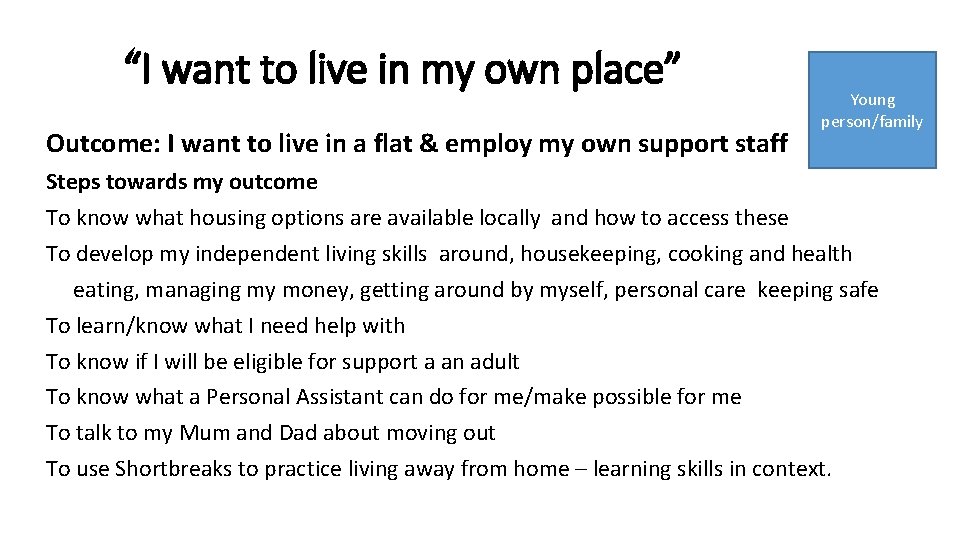 “I want to live in my own place” Outcome: I want to live in