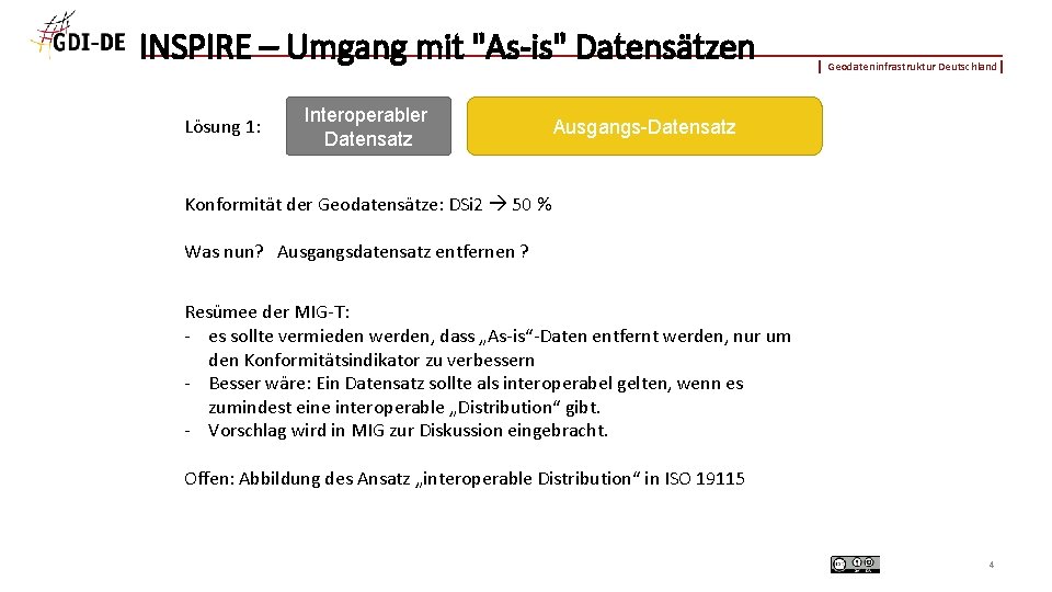INSPIRE – Umgang mit "As-is" Datensätzen Lösung 1: Interoperabler Datensatz Geodateninfrastruktur Deutschland Ausgangs-Datensatz Konformität