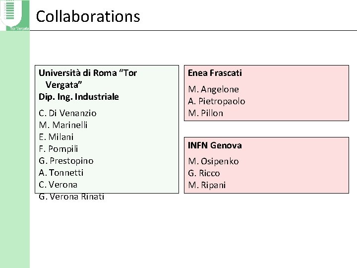 Collaborations Università di Roma “Tor Vergata” Dip. Ing. Industriale C. Di Venanzio M. Marinelli