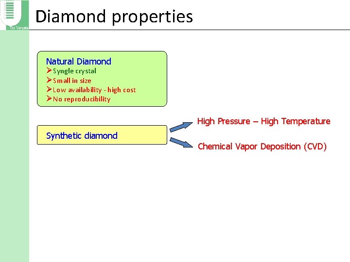 Diamond properties Natural Diamond ØSyngle crystal ØSmall in size ØLow availability - high cost