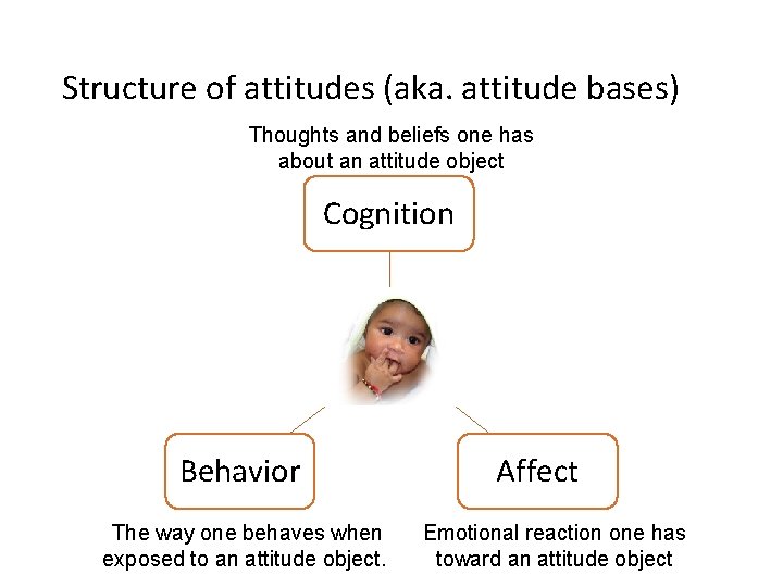 Structure of attitudes (aka. attitude bases) Thoughts and beliefs one has about an attitude Structure of attitudes (aka. attitude bases) Thoughts and beliefs one has about an attitude