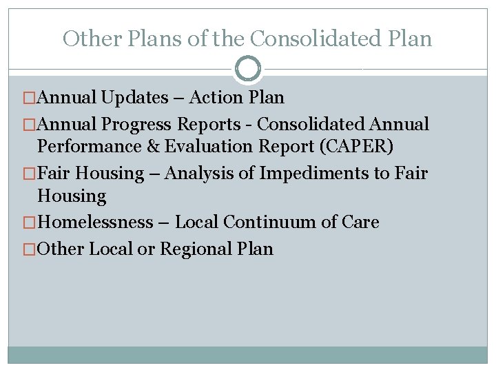 Other Plans of the Consolidated Plan �Annual Updates – Action Plan �Annual Progress Reports
