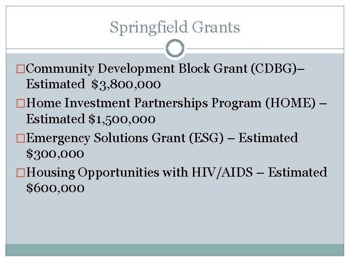 Springfield Grants �Community Development Block Grant (CDBG)– Estimated $3, 800, 000 �Home Investment Partnerships