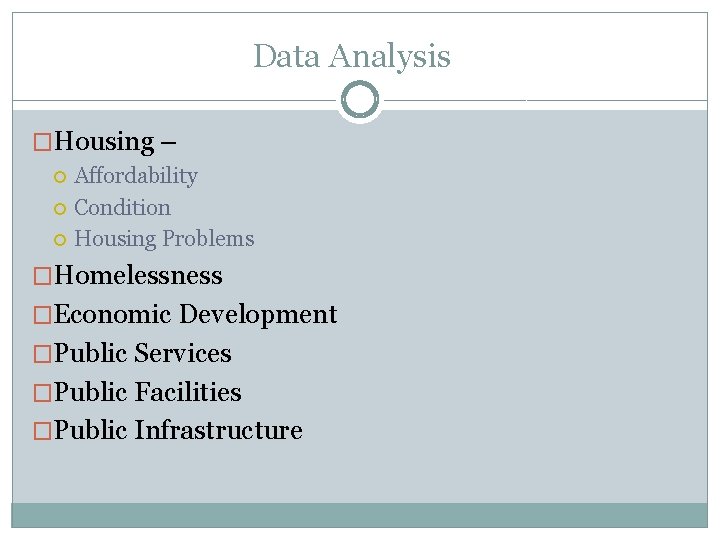 Data Analysis �Housing – Affordability Condition Housing Problems �Homelessness �Economic Development �Public Services �Public
