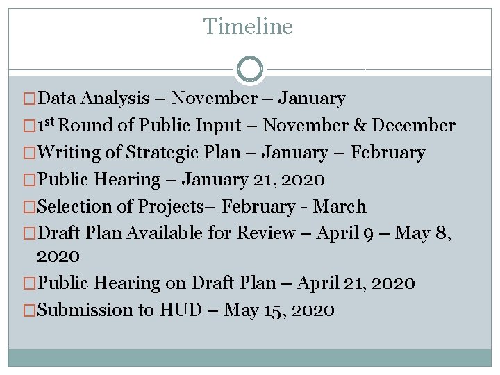 Timeline �Data Analysis – November – January � 1 st Round of Public Input