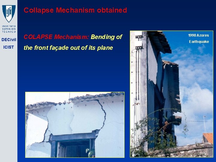 Collapse Mechanism obtained DECivil ICIST COLAPSE Mechanism: Bending of the front façade out of